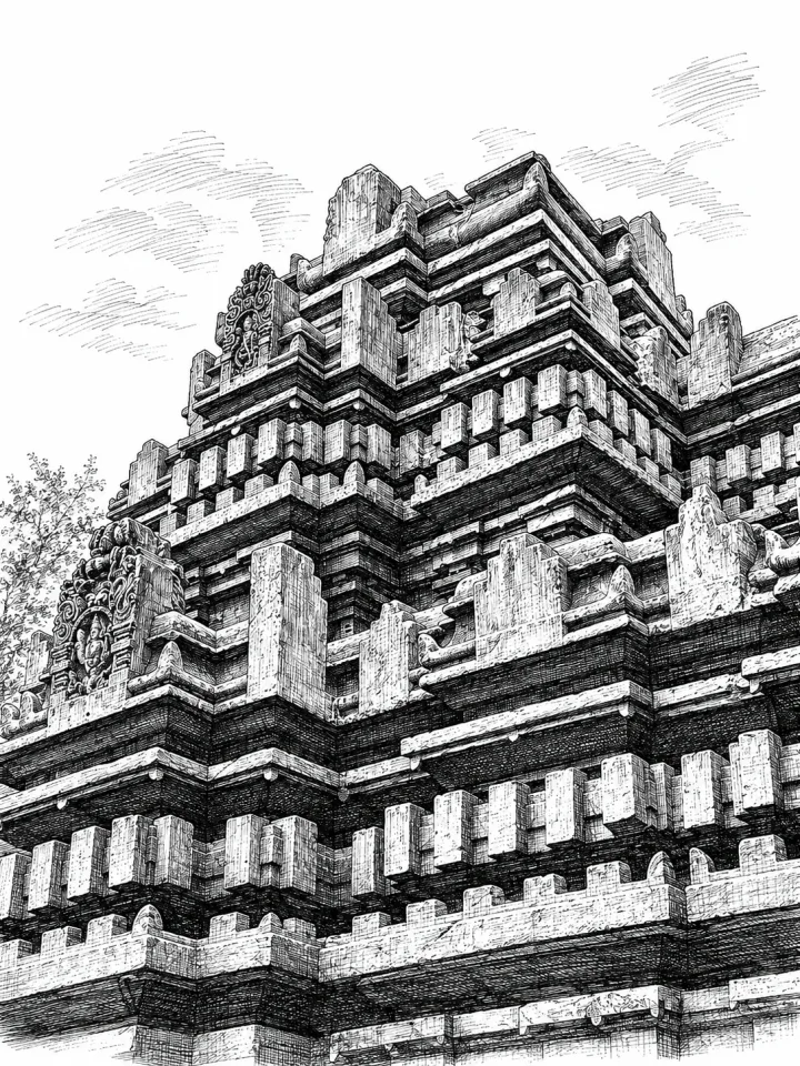 Black-and-white reference artwork of Tambdi Surla temple details, showing carved stone forms, projecting layers and deep shadows.