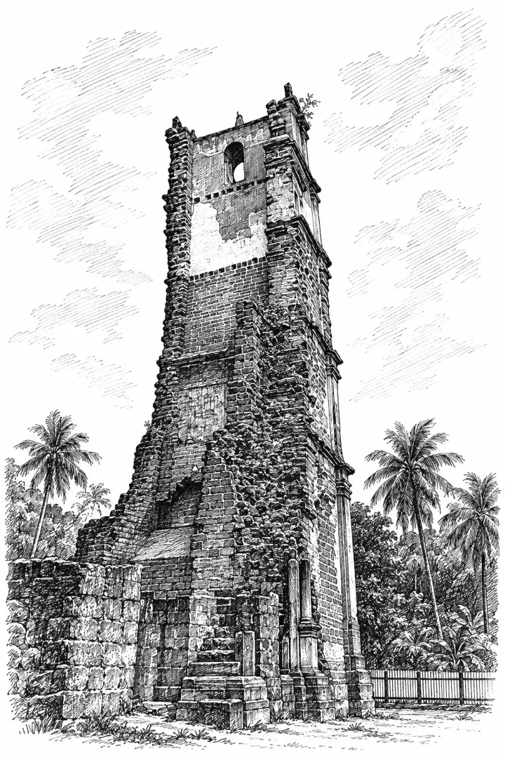 Black-and-white reference artwork of St Augustine Tower in Old Goa, with weathered masonry, an arched opening, ruins and surrounding palms.