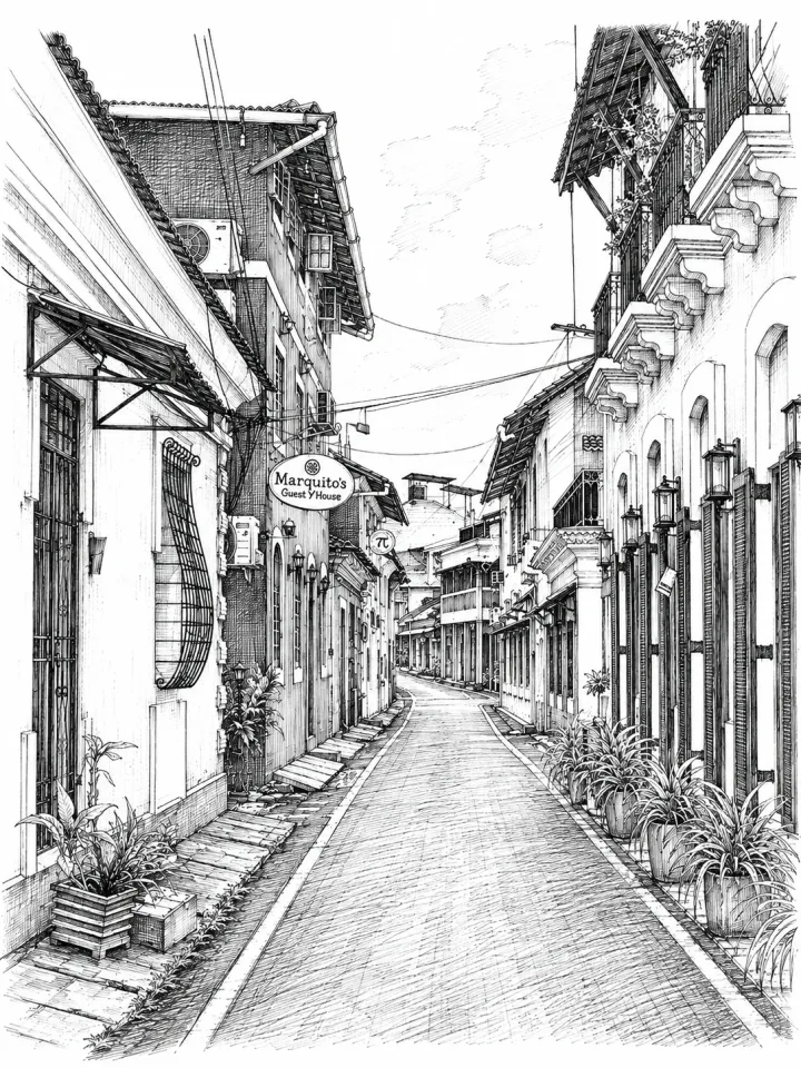 Monochrome reference artwork of a narrow Panjim street lined with balconies, tiled roofs, shuttered windows and potted plants.