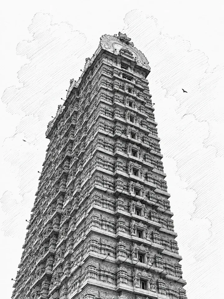 Black-and-white reference drawing of the Murudeshwar temple gopuram viewed from below, with many carved tiers against the sky.