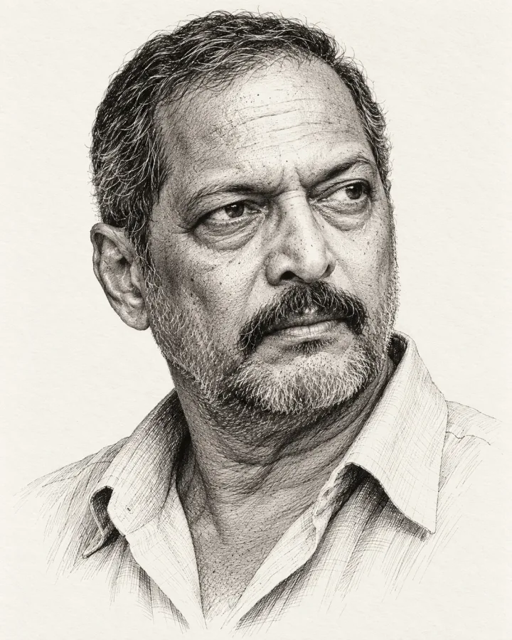 Black-and-white reference portrait of Nana Patekar, with a moustache, textured shading and a gaze turned to the side.