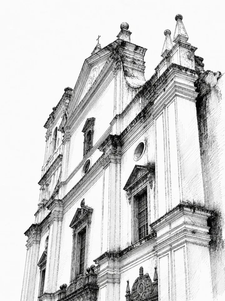 Monochrome reference drawing of Se Cathedral in Goa from a low angle, showing tall pilasters, ornate windows and layered cornices.
