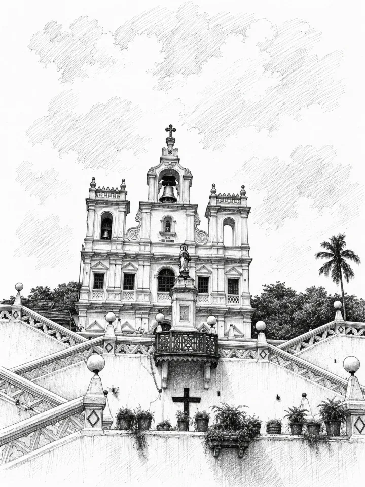 Monochrome reference drawing of the Immaculate Conception Church in Panjim, Goa, above sweeping stairways, railings and palms.